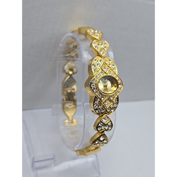 Diplomat Japan Quartz Heart Link Rhinestone Gold Tone Bracelet Watch New Battery - Picture 3 of 12